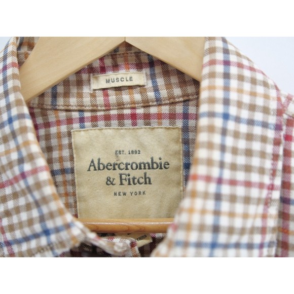 Abercrombie & Fitch Flannel Shirt Muscle Check Large Orange blue - Picture 3 of 8